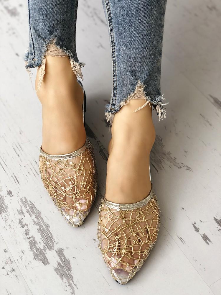 Shiny Embellished Mesh Pointed Toe Flat Shoes - DadHats2ow6ix