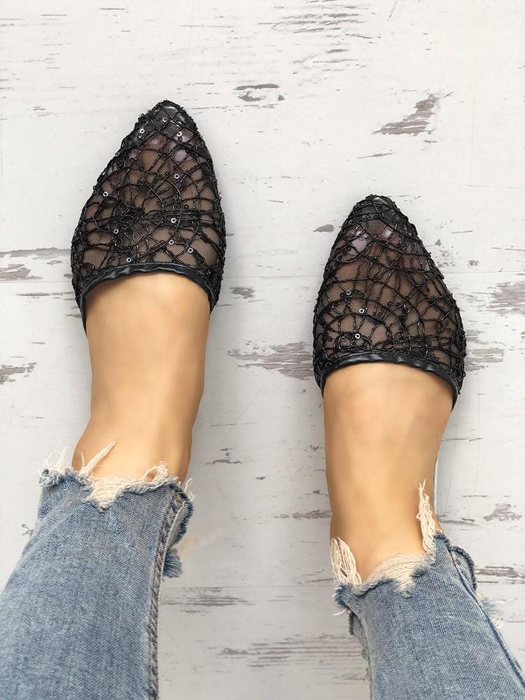 Shiny Embellished Mesh Pointed Toe Flat Shoes - DadHats2ow6ix