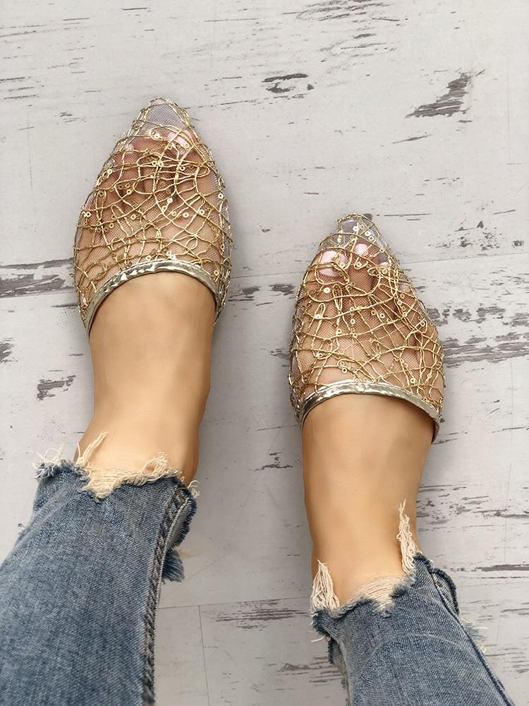 Shiny Embellished Mesh Pointed Toe Flat Shoes - DadHats2ow6ix