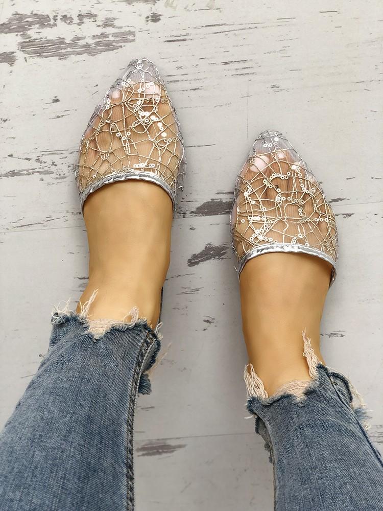 Shiny Embellished Mesh Pointed Toe Flat Shoes - DadHats2ow6ix