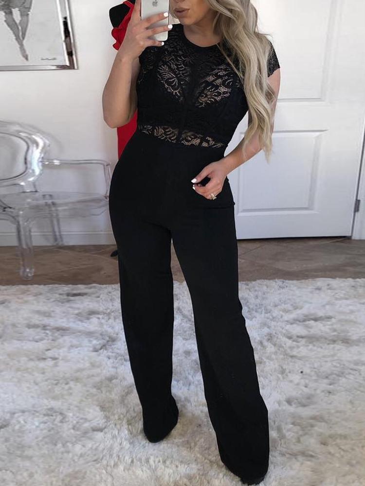 Solid See Through Lace Patchwork Flared Leg Jumpsuit - DadHats2ow6ix