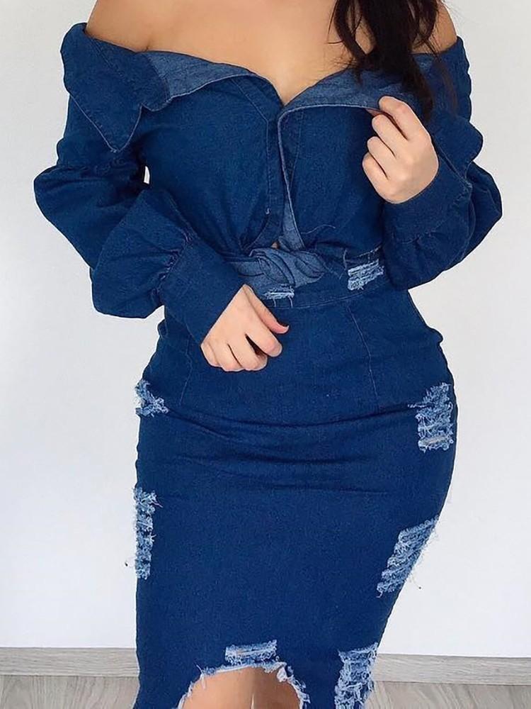 Sexy Slinky Distressed Denim Top &Skirt Set - DadHats2ow6ix