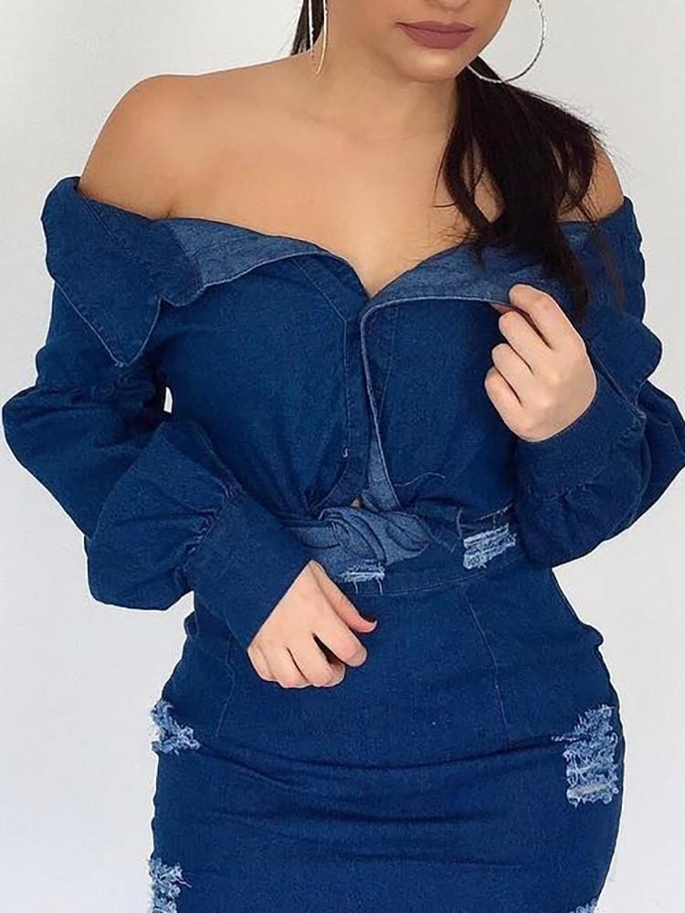 Sexy Slinky Distressed Denim Top &Skirt Set - DadHats2ow6ix