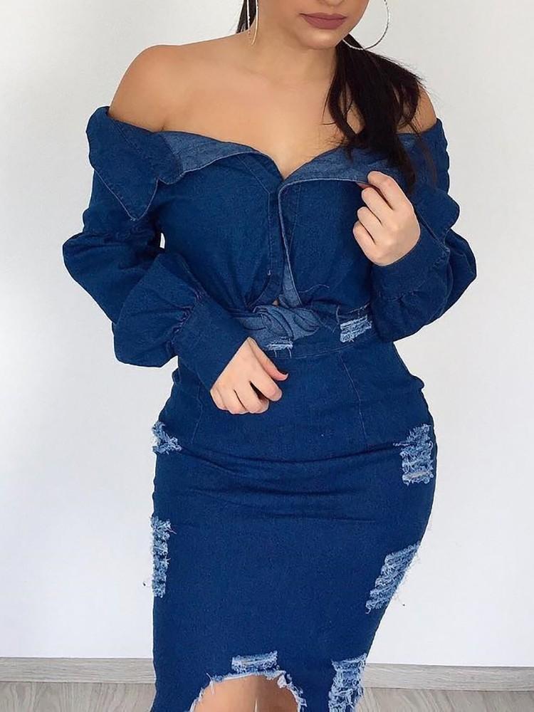 Sexy Slinky Distressed Denim Top &Skirt Set - DadHats2ow6ix