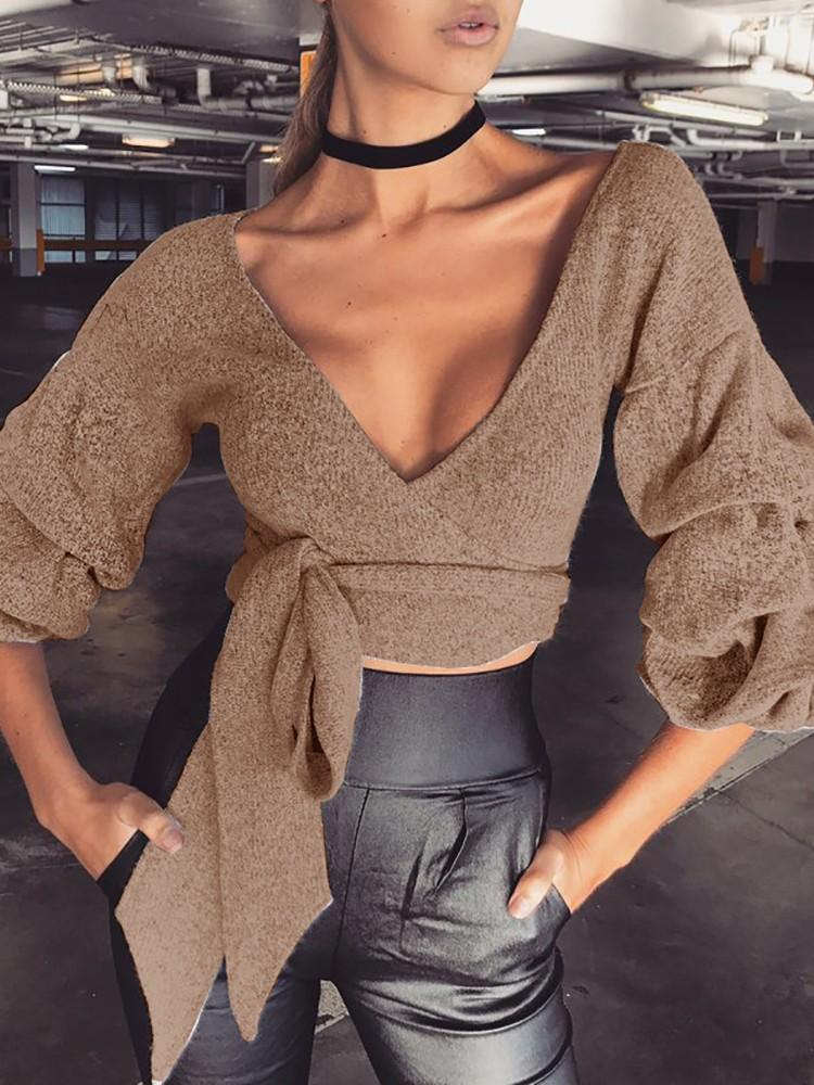 Plunge Neck Puffed Sleeve Tie Waist Crop Top - DadHats2ow6ix