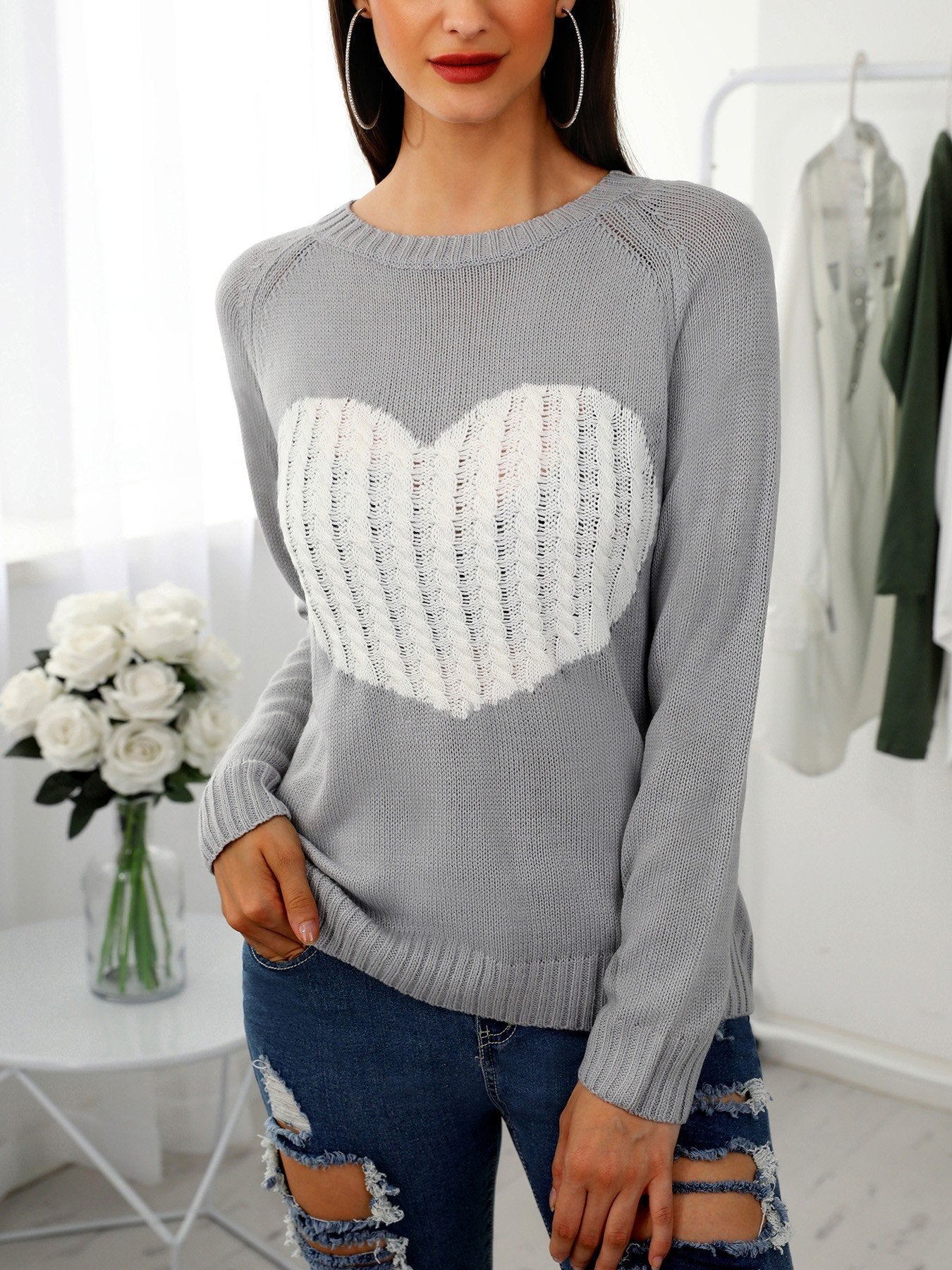 Heart Pattern Long Sleeve Casual Sweater - DadHats2ow6ix