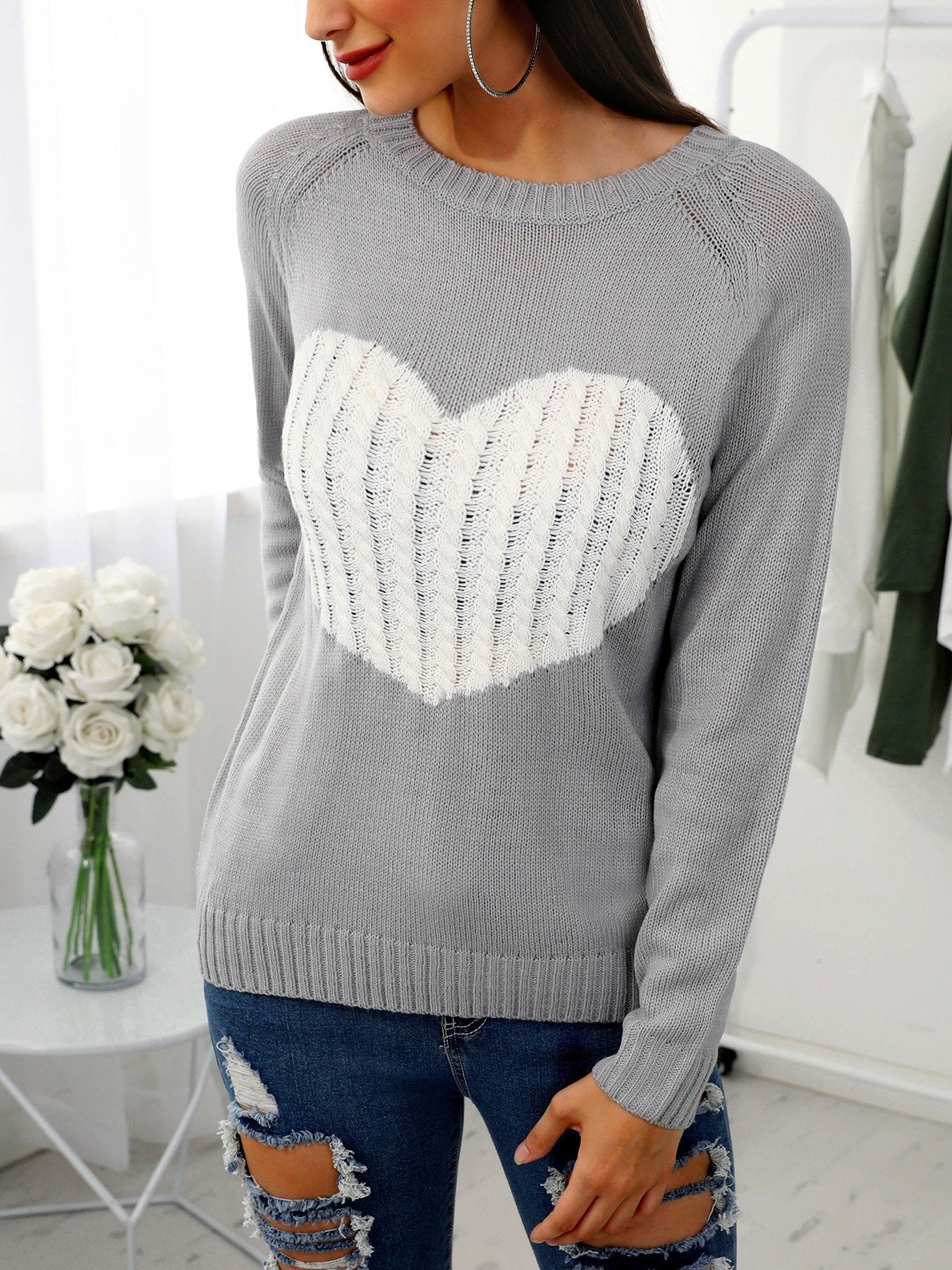 Heart Pattern Long Sleeve Casual Sweater - DadHats2ow6ix