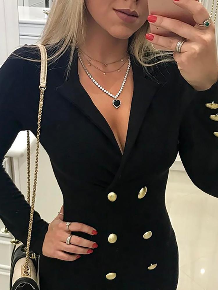 Plunge Neck Double-Breasted Blazer Dress - DadHats2ow6ix