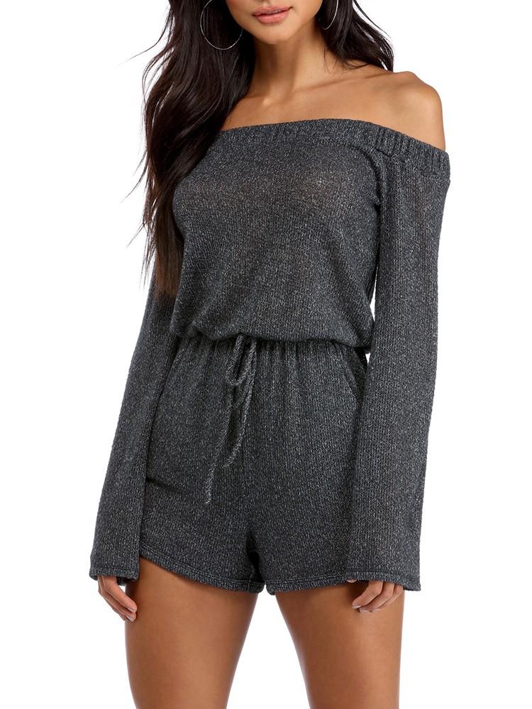 Glittering Off Shoulder Drawstring Waist Romper - DadHats2ow6ix