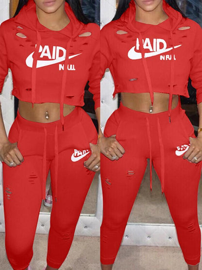 Fashion Ripped Letter Print Drawstring Cropped Tracksuit - DadHats2ow6ix