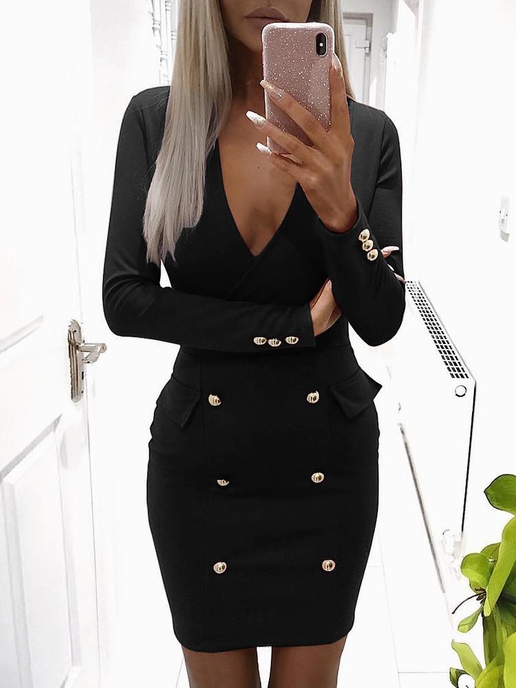 Solid V Neck Double-Breasted Bodycon Dress - DadHats2ow6ix