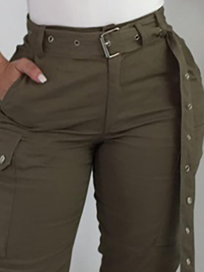 Waist Belted Eyelet Pocket Design Leisure Pants - DadHats2ow6ix