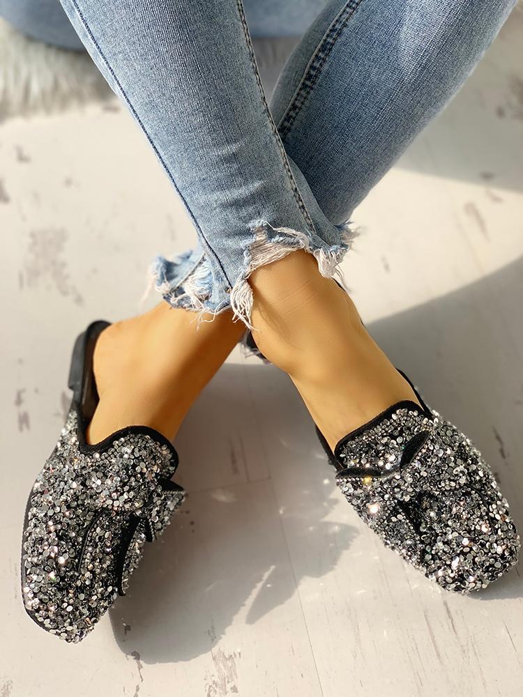 Sequins Embellished Bowknot Flat Sandals - DadHats2ow6ix