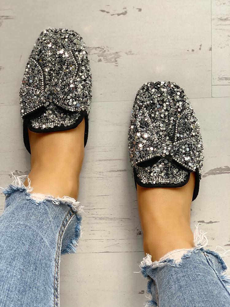 Sequins Embellished Bowknot Flat Sandals - DadHats2ow6ix