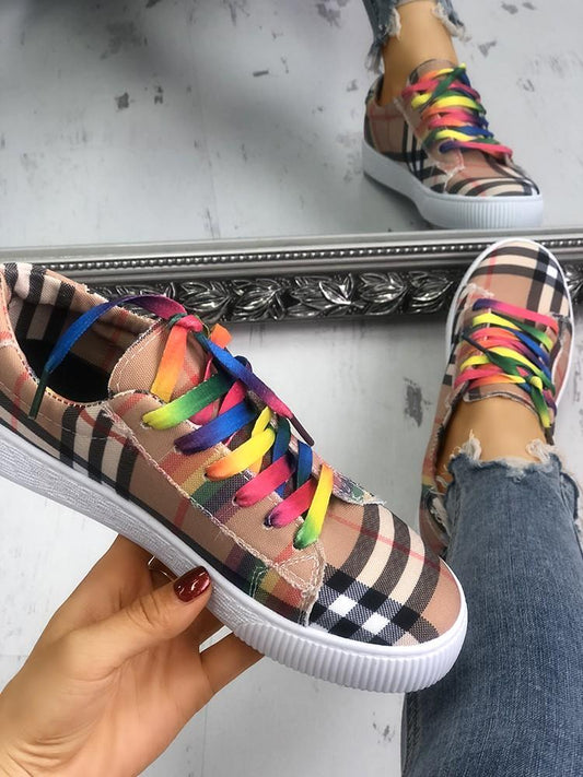 Colorful Lace-Up Plaid Print Casual Sneakers - DadHats2ow6ix