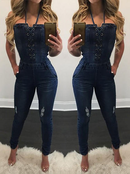 Stylish Criss Cross Halter Neck Denim Jumpsuit - DadHats2ow6ix