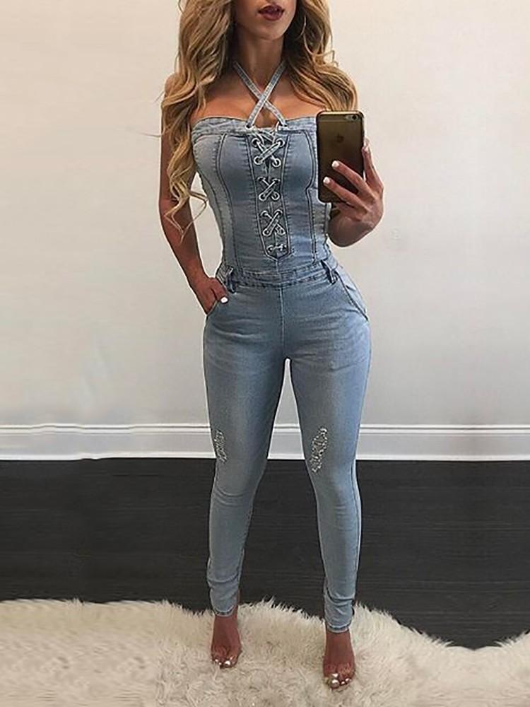 Stylish Criss Cross Halter Neck Denim Jumpsuit - DadHats2ow6ix