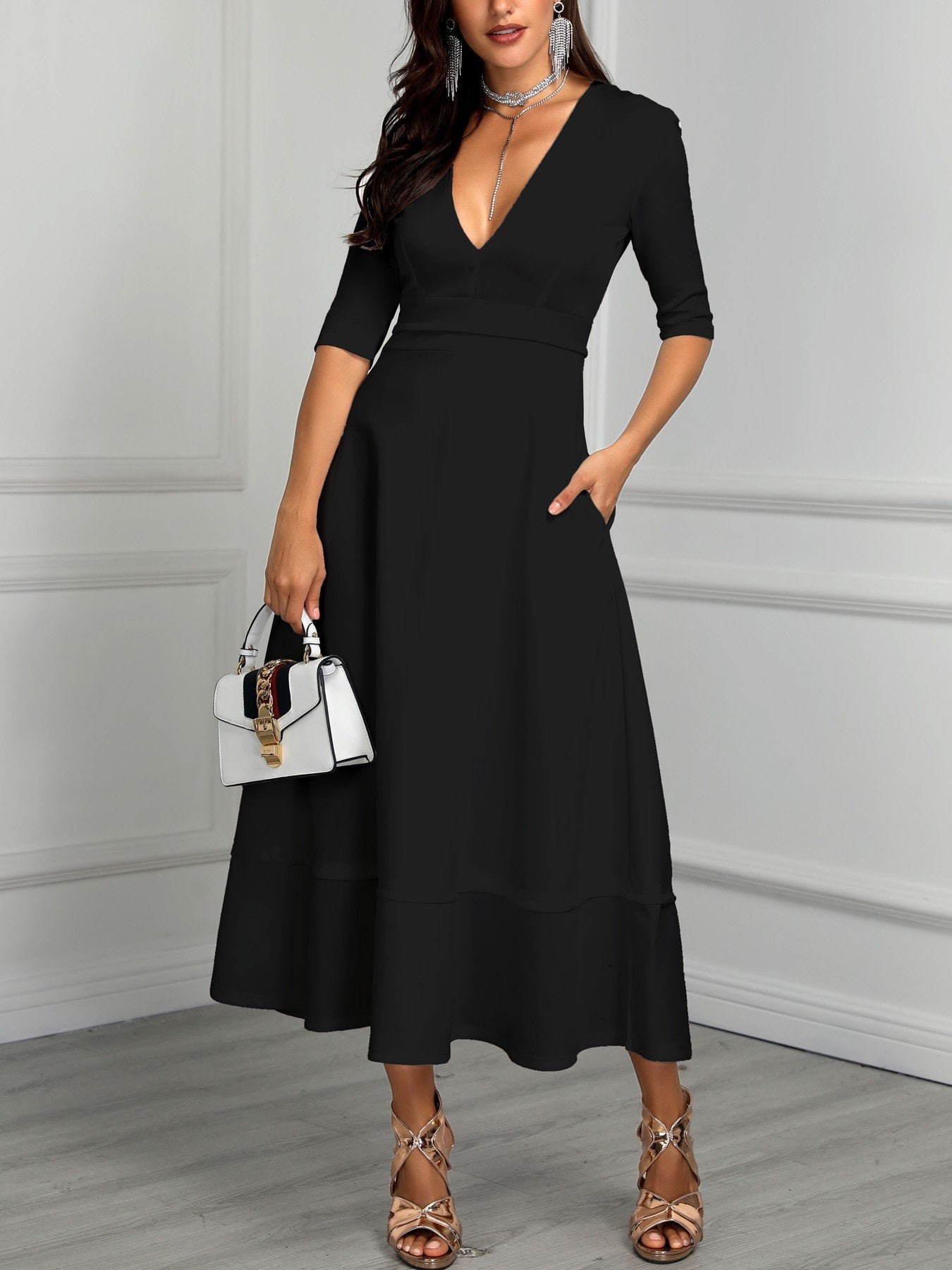 New Style Pleated Deep V Neck High Waist Maxi Dress - DadHats2ow6ix