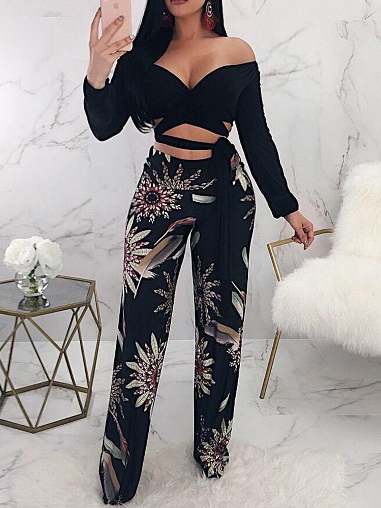 High Waist Leaf Print Wide Leg Pants - DadHats2ow6ix