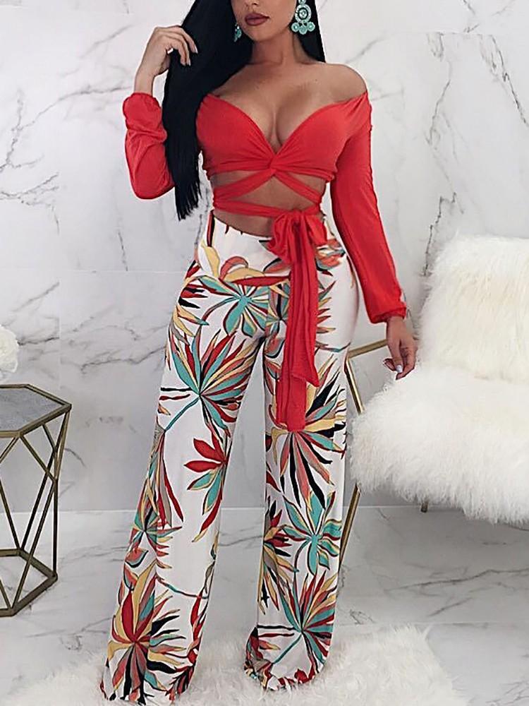 High Waist Leaf Print Wide Leg Pants - DadHats2ow6ix