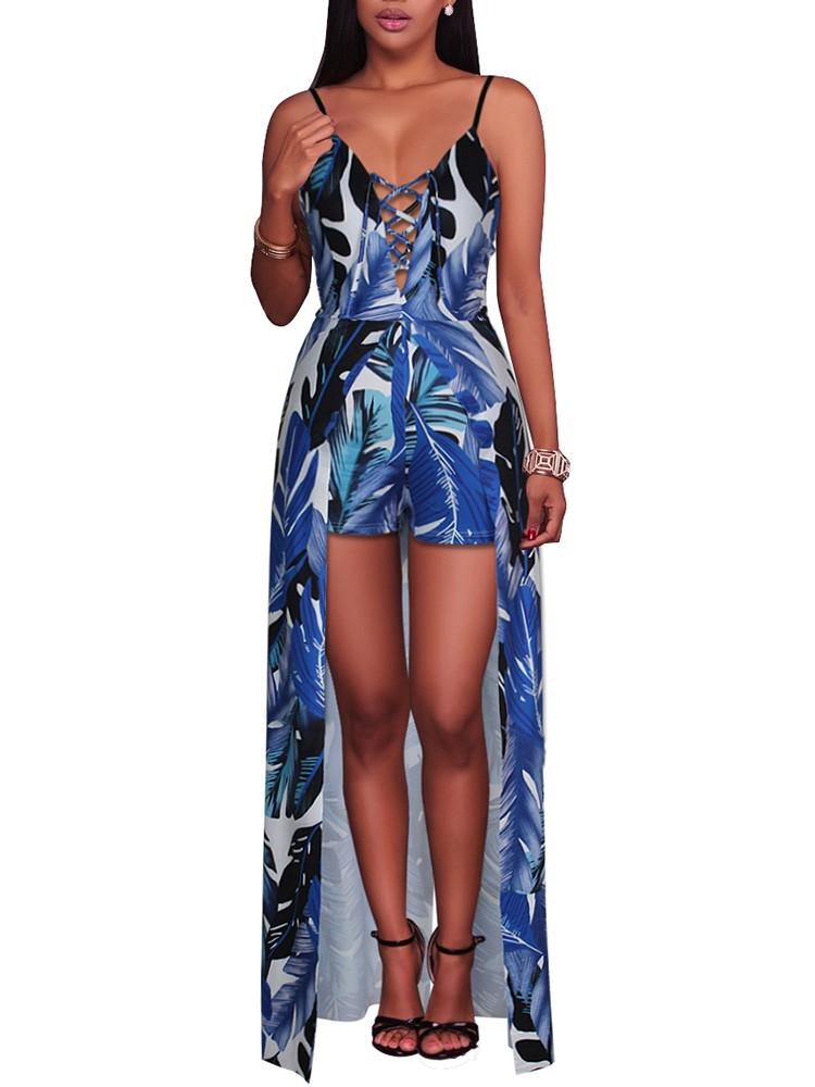 Fashion Strappy Lace-up Palm Printed Maxi Romper Dress - DadHats2ow6ix