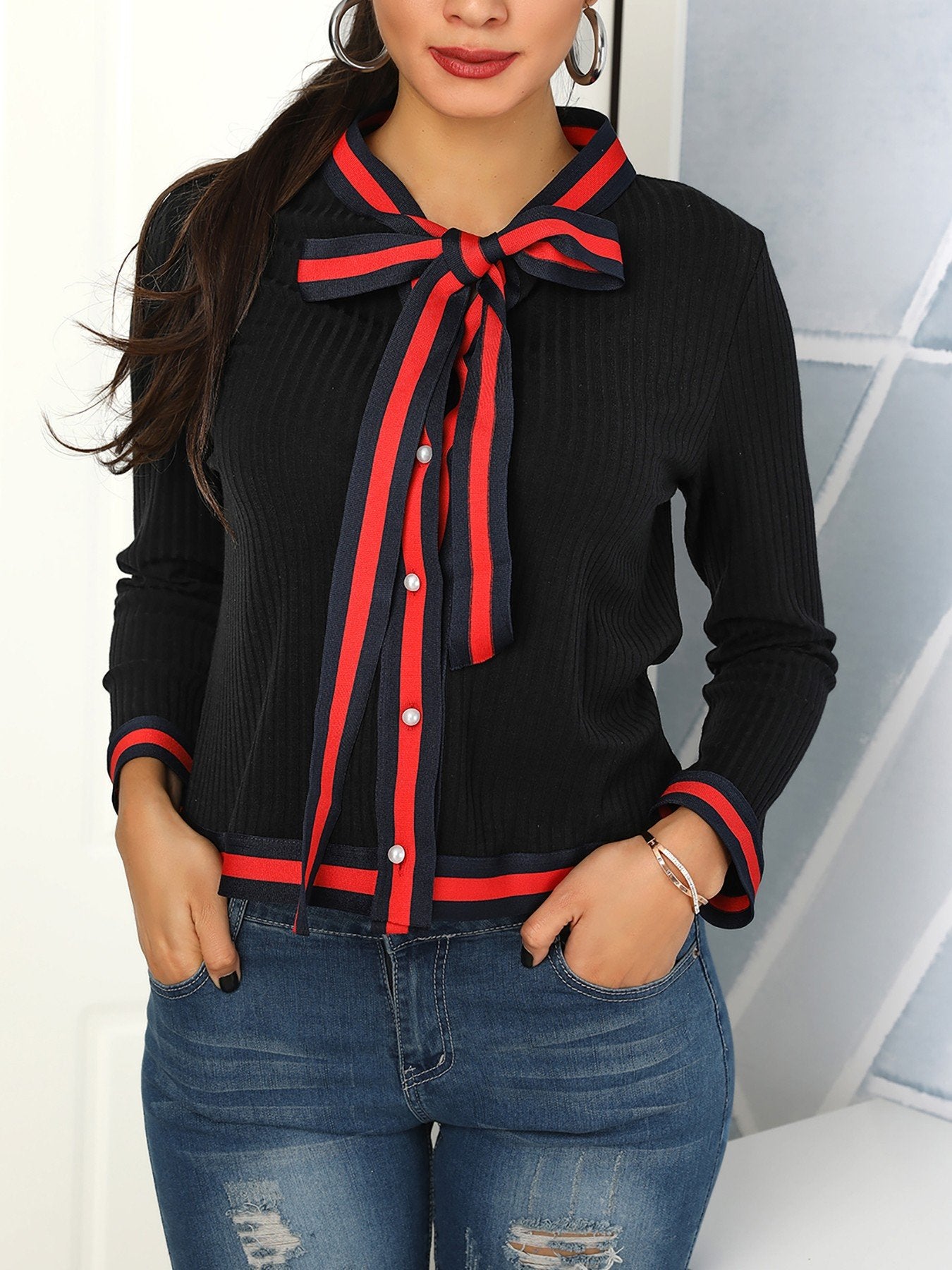 Stripes Tape Binding Tie Neck Cardigan - DadHats2ow6ix