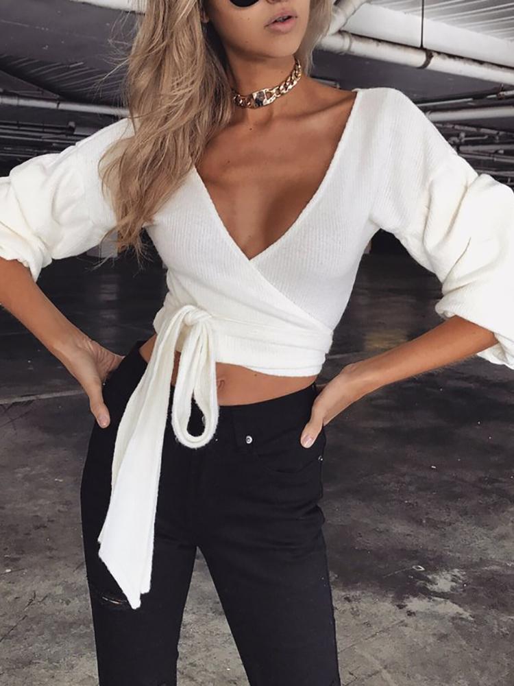 Plunge Neck Puffed Sleeve Tie Waist Crop Top - DadHats2ow6ix