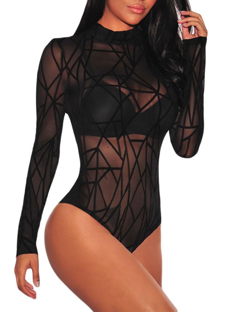 Plus Size Geometric Sheer Mesh Bodysuit - DadHats2ow6ix