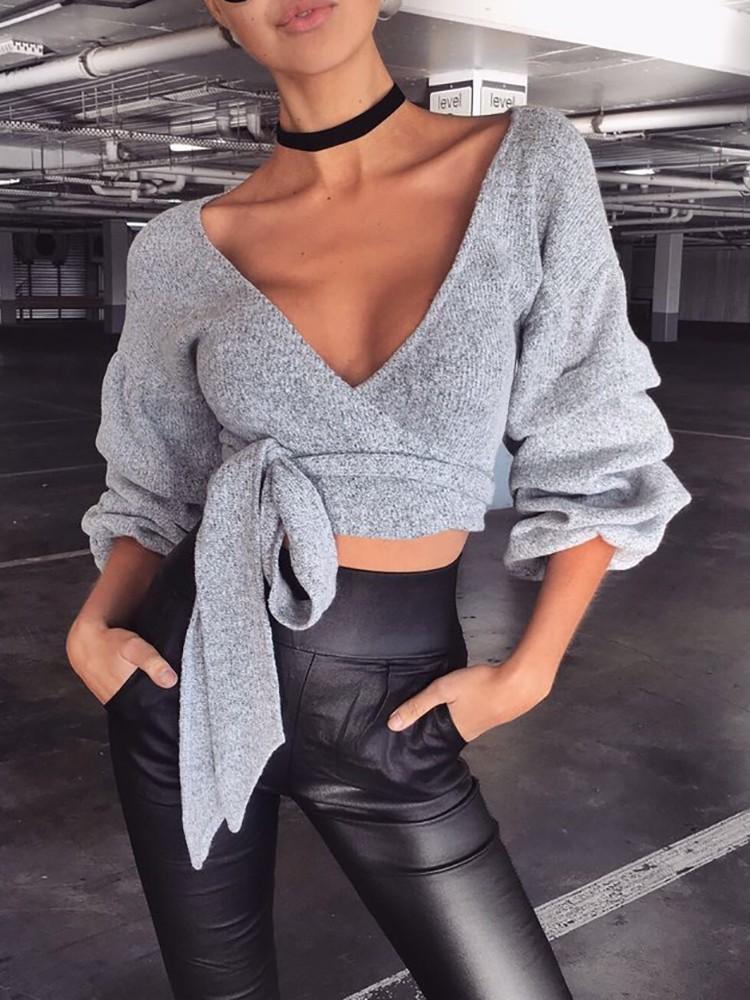 Plunge Neck Puffed Sleeve Tie Waist Crop Top - DadHats2ow6ix