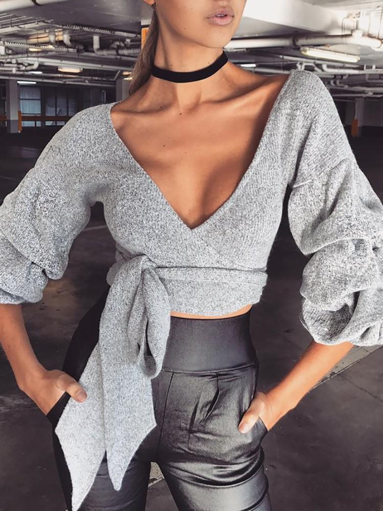 Plunge Neck Puffed Sleeve Tie Waist Crop Top - DadHats2ow6ix