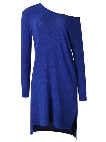 Solid Skew Neck Long Sleeve Slit Irregular Dress - DadHats2ow6ix