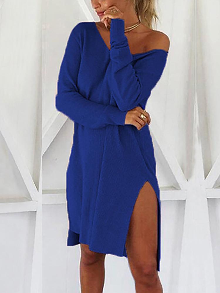 Solid Skew Neck Long Sleeve Slit Irregular Dress - DadHats2ow6ix