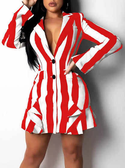 Colorblock Striped Ruffles Detail Blazer Dress - DadHats2ow6ix