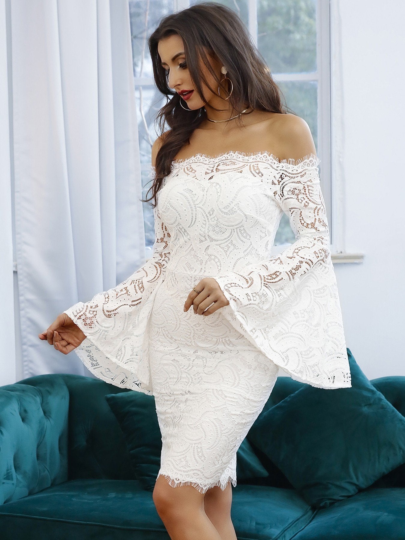 Off Shoulder Flared Sleeve Lace Bodycon Dress - DadHats2ow6ix