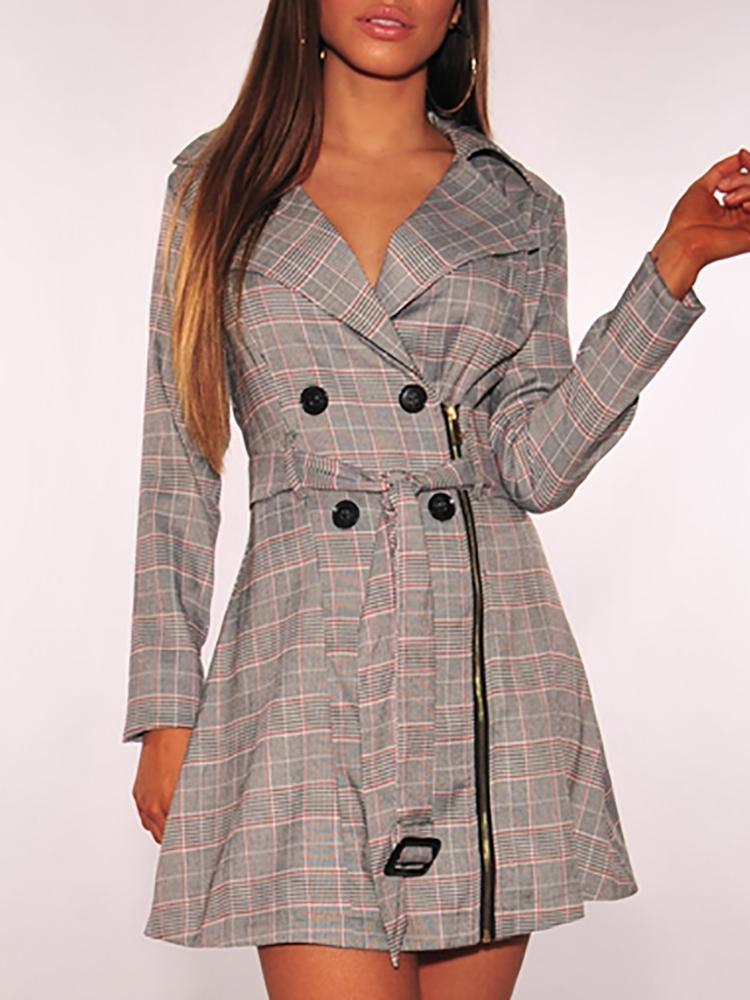 Plaid Print Zipper Design Double-Breasted Belted Dress - DadHats2ow6ix