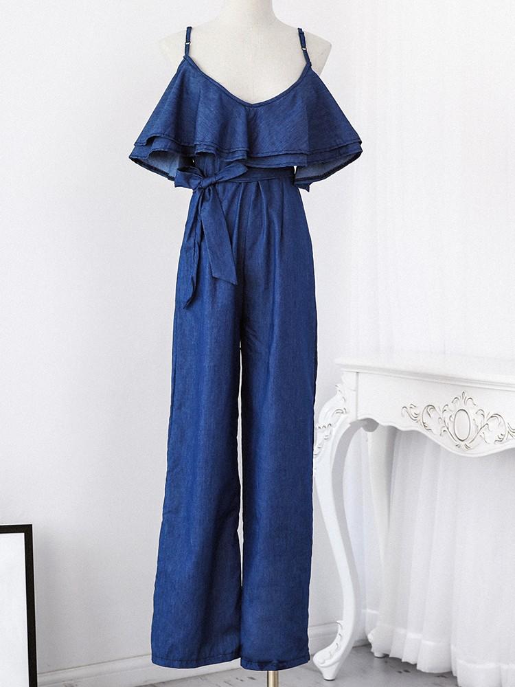 Layered Ruffles Belted Slip Denim Jumpsuit - DadHats2ow6ix