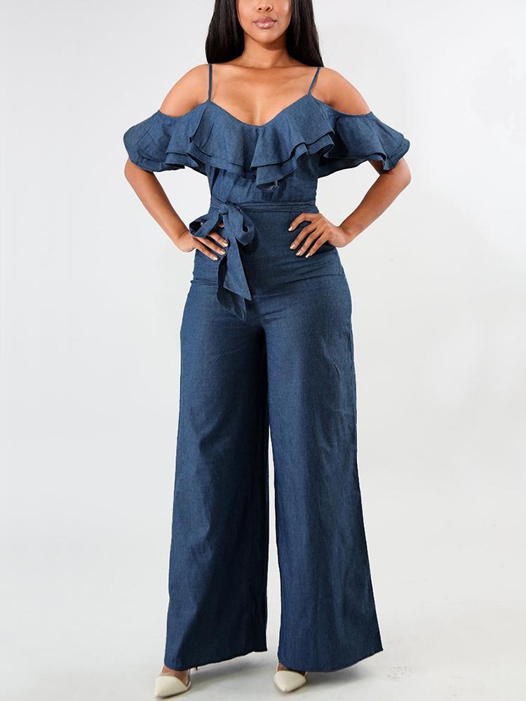 Layered Ruffles Belted Slip Denim Jumpsuit - DadHats2ow6ix