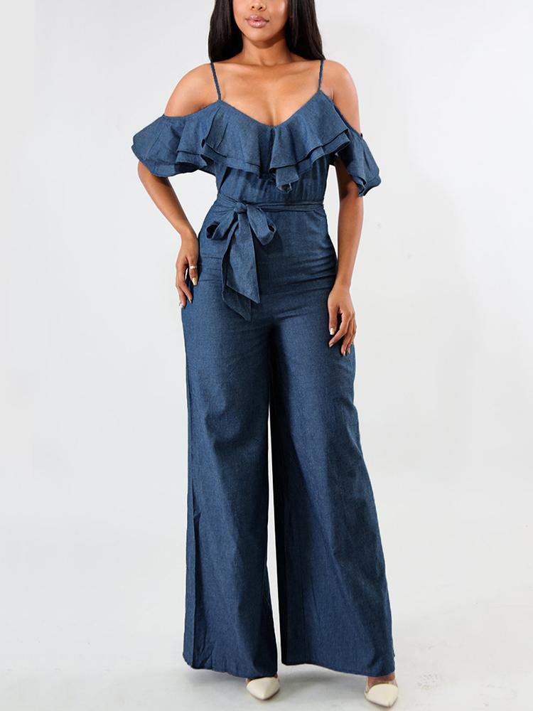 Layered Ruffles Belted Slip Denim Jumpsuit - DadHats2ow6ix