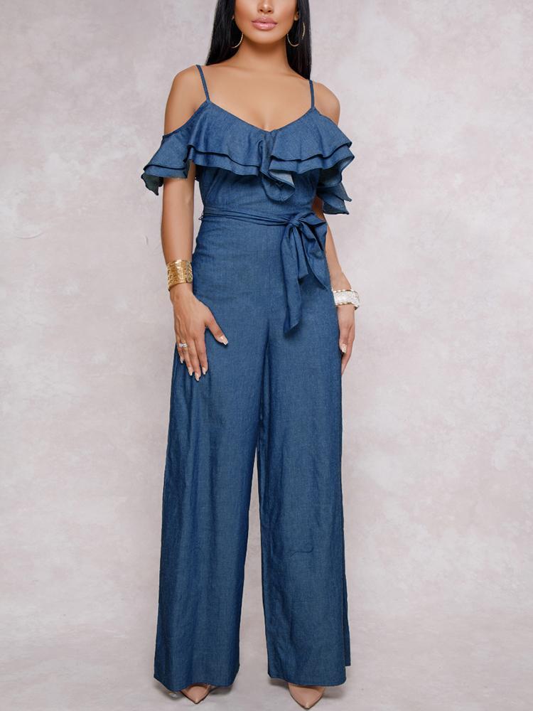 Layered Ruffles Belted Slip Denim Jumpsuit - DadHats2ow6ix