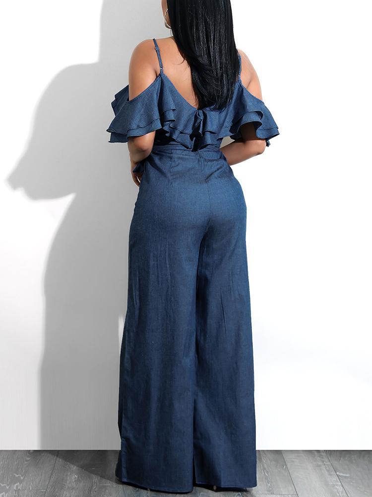 Layered Ruffles Belted Slip Denim Jumpsuit - DadHats2ow6ix