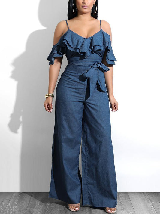 Layered Ruffles Belted Slip Denim Jumpsuit - DadHats2ow6ix