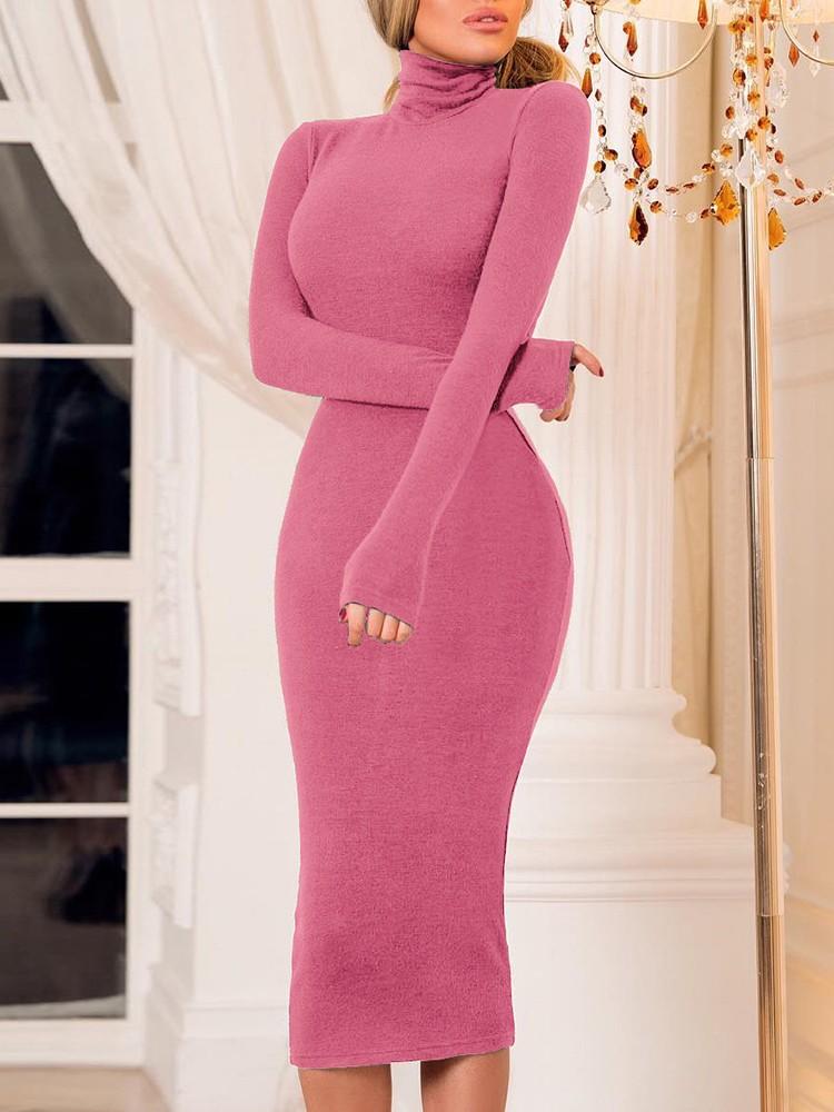 Solid High Neck Bodycon Dress - DadHats2ow6ix