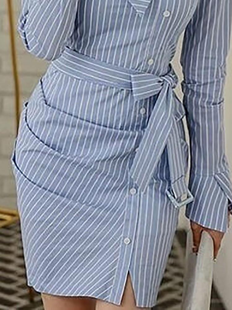 Pinstripes Ruched Irregular Belted Shirt Dress - DadHats2ow6ix