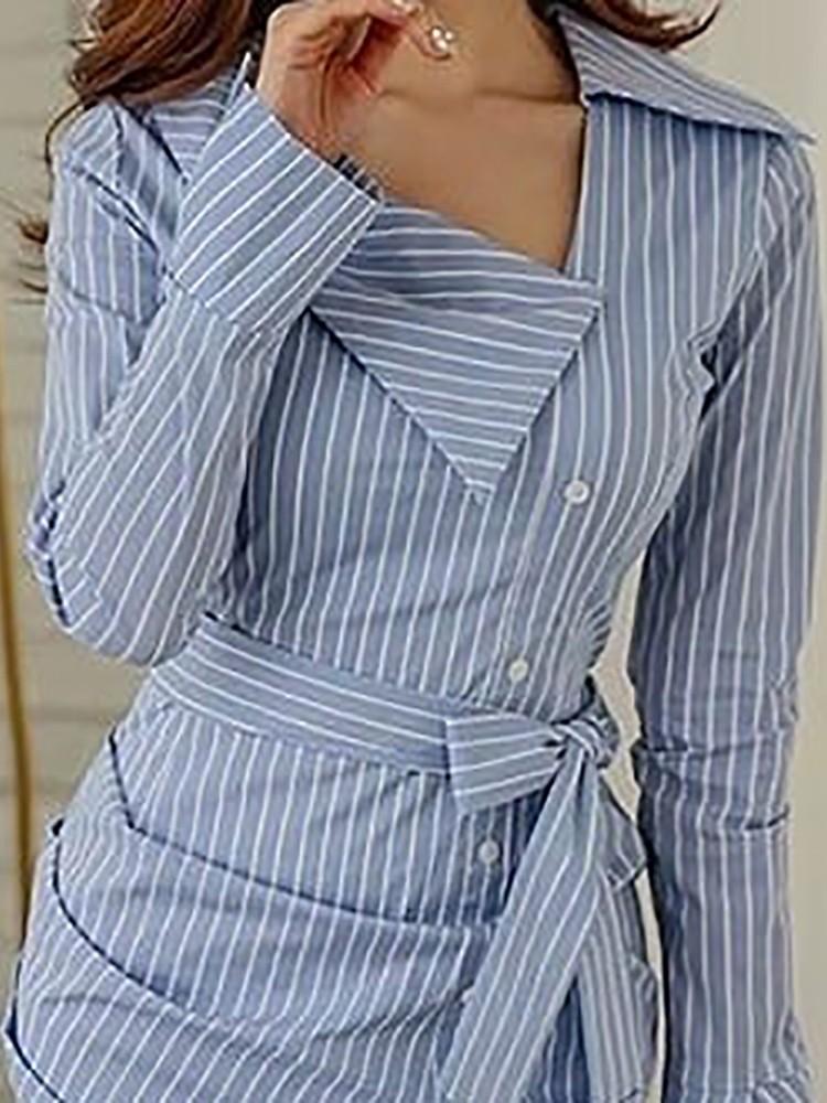 Pinstripes Ruched Irregular Belted Shirt Dress - DadHats2ow6ix