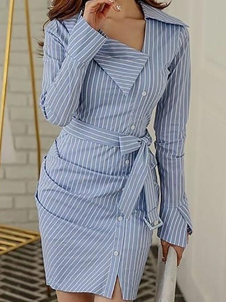 Pinstripes Ruched Irregular Belted Shirt Dress - DadHats2ow6ix