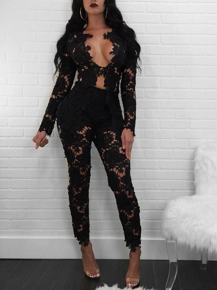 Lace Crochet Open Front Blazer Pants Set - DadHats2ow6ix