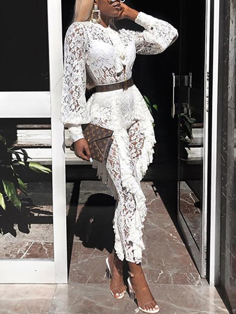 Lace See Through Lantern Sleeve Frills Design Jumpsuit - DadHats2ow6ix