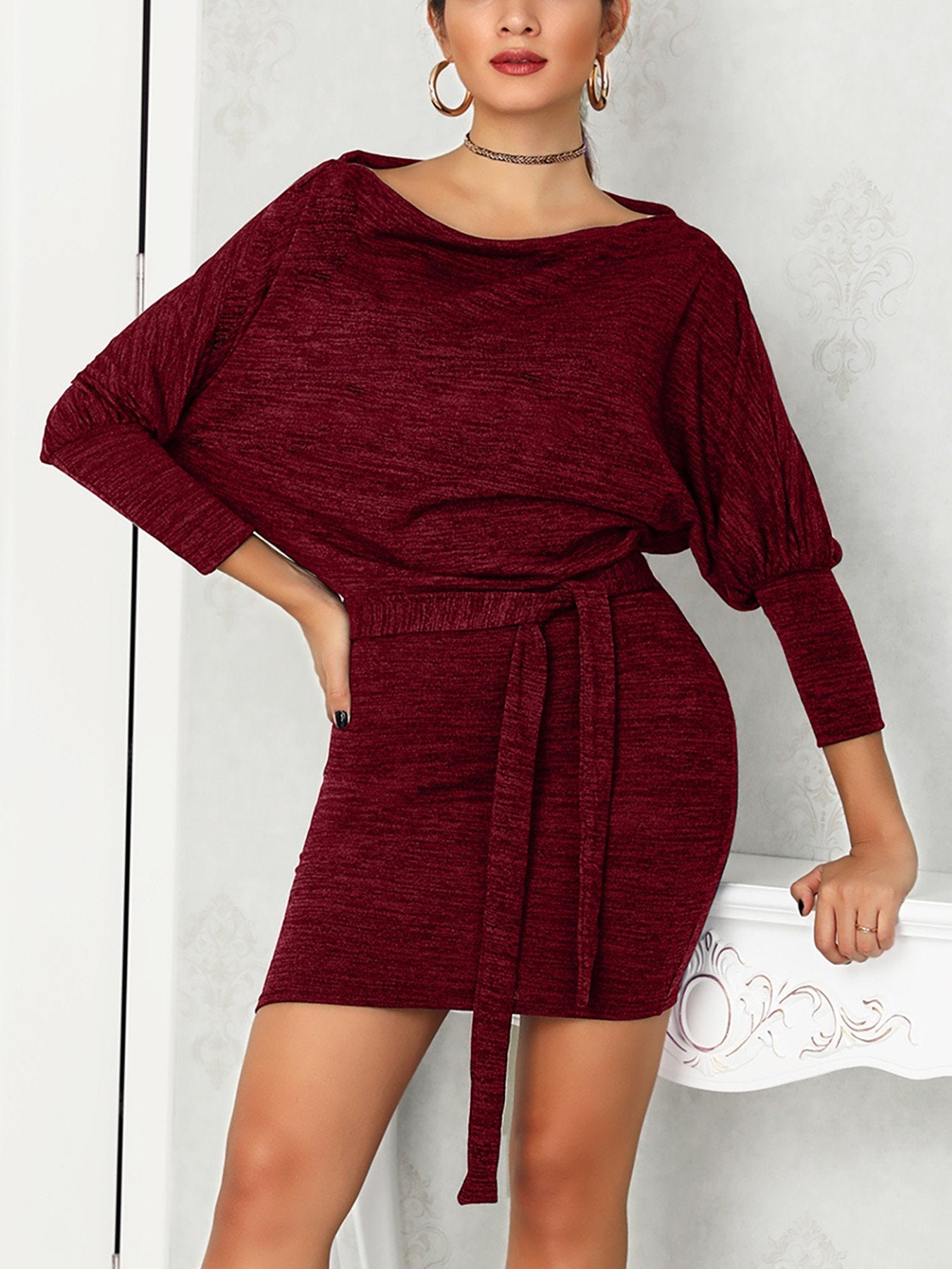 Skew Neck Puffed Sleeve Belted Bodycon Dress - DadHats2ow6ix