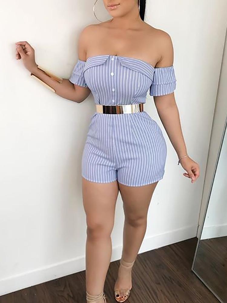 Ruffles Slash Neck Stripe Pattern Playsuit - DadHats2ow6ix