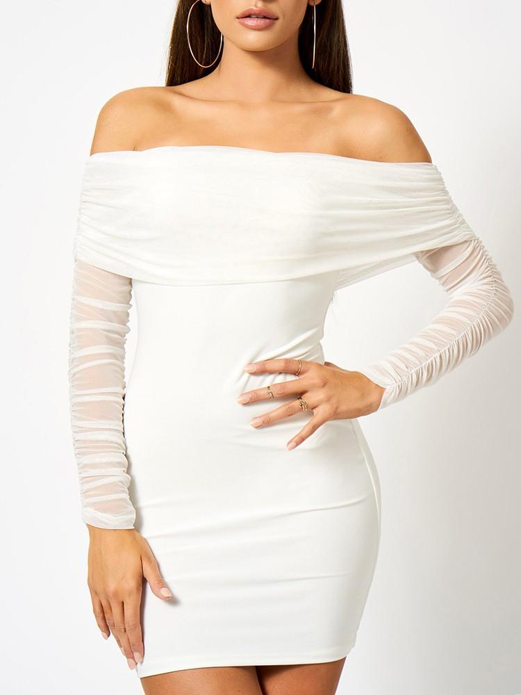 Mesh Splicing Ruched Off Shoulder Bodycon Dress - DadHats2ow6ix